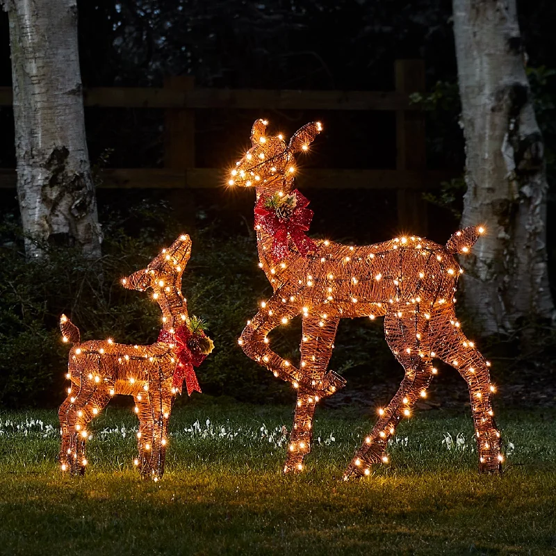 90cm Harewood Doe & Fawn Brown Glitter LED Light Up Reindeer Duo