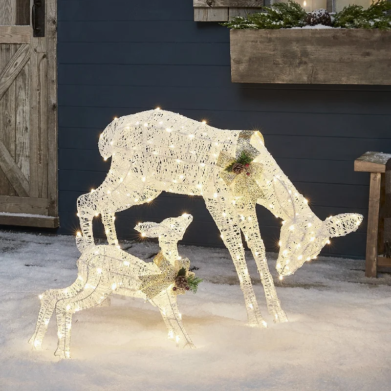 72cm Harewood White Glitter Doe & Fawn LED Light Up Reindeer Duo