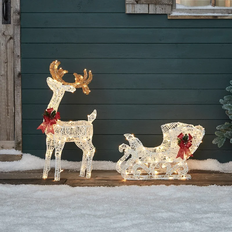 70cm Harewood White Spun Cotton Light Up Reindeer & Sleigh