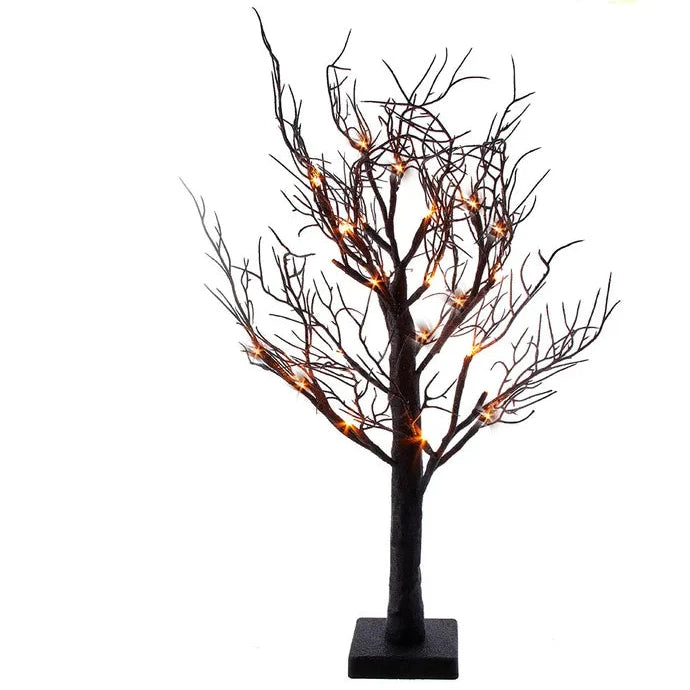 24" Battery Operated Pre-Lit Orange LED Black Glittered Tabletop Tree