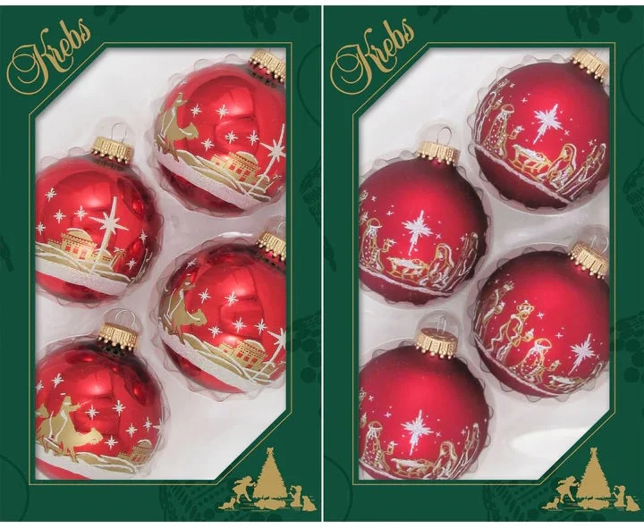 4-Pack of Nativity Scene/Bethlehem Scene Red Glass Ball Ornaments