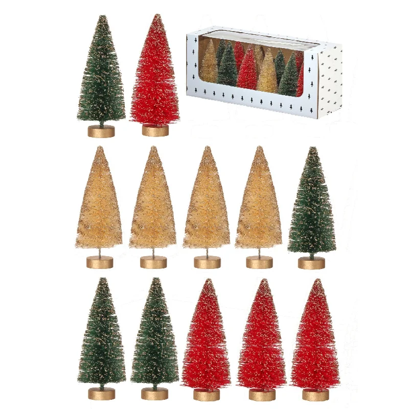 6" Vintage Glitter Sisal Trees (box/12, red/green/ivory)