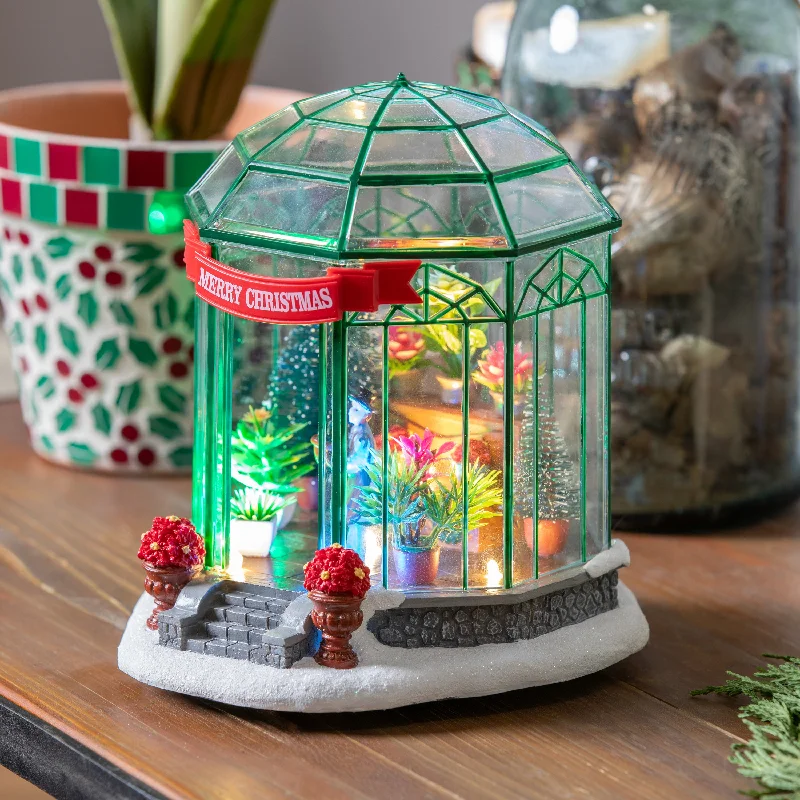 7.5" LED Resin Christmas Greenhouse with Music Table Decor