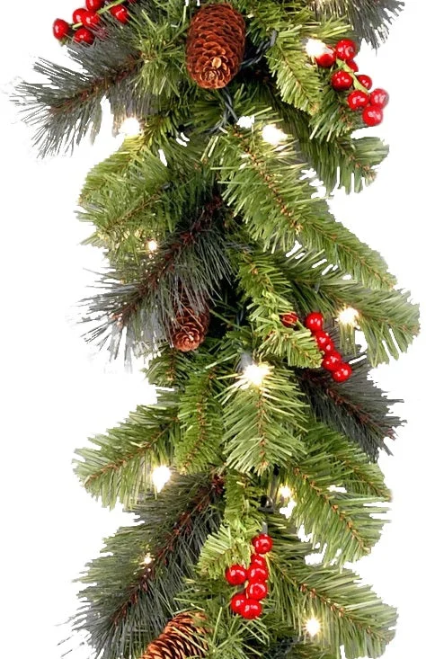 9' Classic Spruce Pre-Lit Garland with Frosted Tips, Berries and Pine Cones