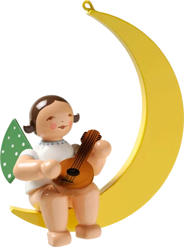 Angel with Mandolin on Moon, Hanging Wooden Ornament by Wendt and Kuhn