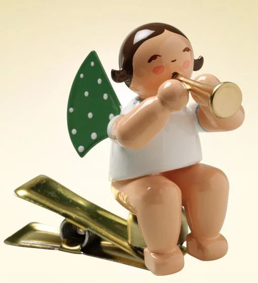 Angel with Small Trumpet Clip On Wooden Ornament by Wendt and Kuhn