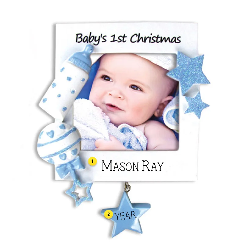 Personalized 1st Christmas Baby Picture Frame Ornament-Blue