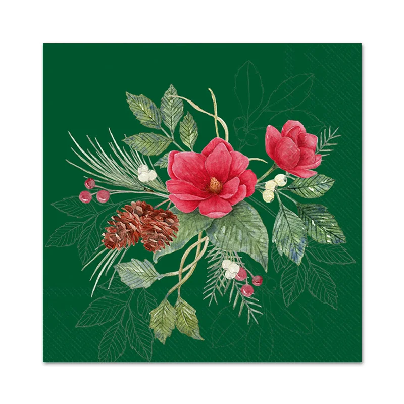 Christmas Flowers Evergreen Paper Beverage Napkins