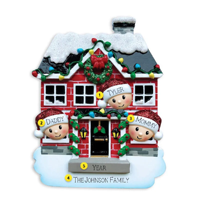 Personalized Christmas House Family of 3 Ornament