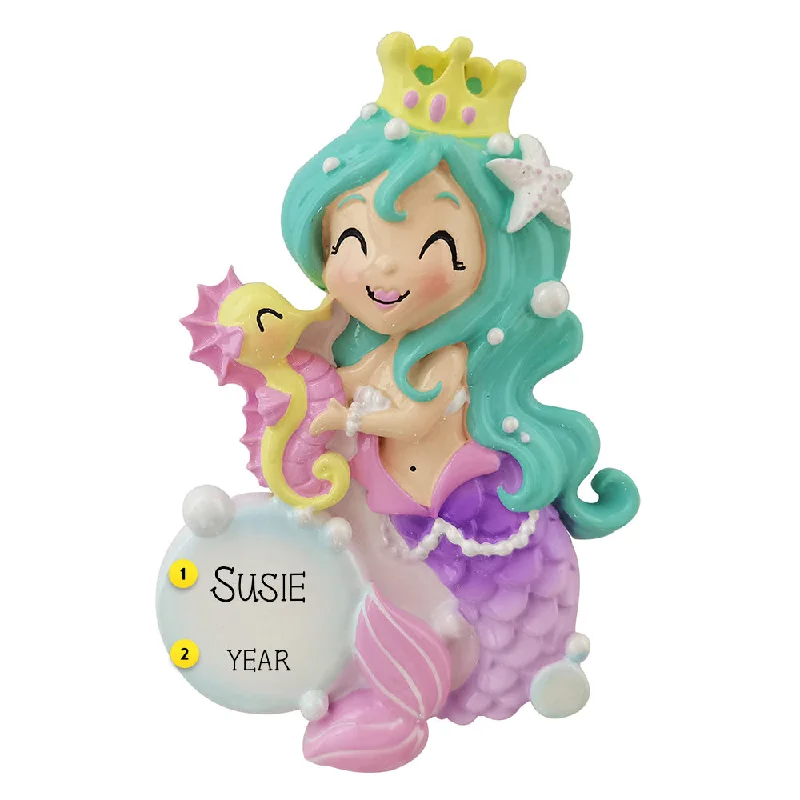 Personalized Colorful Mermaid with Seahorse Ornament