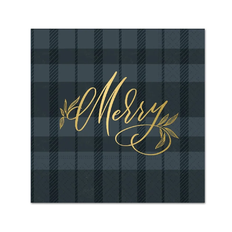 December Meadow Plaid Gold Foil Paper Beverage Napkins