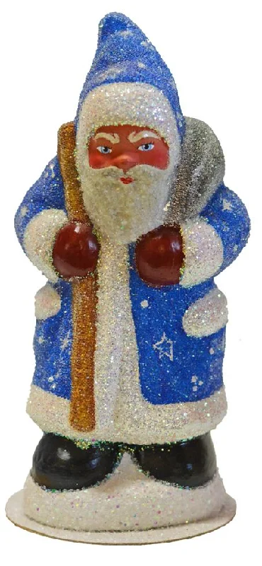 Dusty Blue Beaded Santa with Stars, One of a Kind Paper Mache Candy Container by Ino Schaller