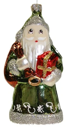 Flat Green Santa with Iridescent Glitter Ornament by Old German Christmas