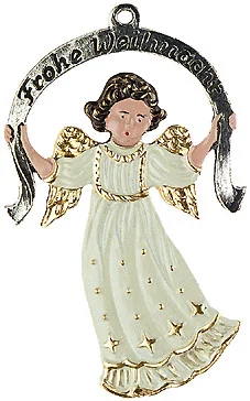 Frohe Weinacht Angel, Painted on Both Sides Pewter Ornament by Kuehn Pewter