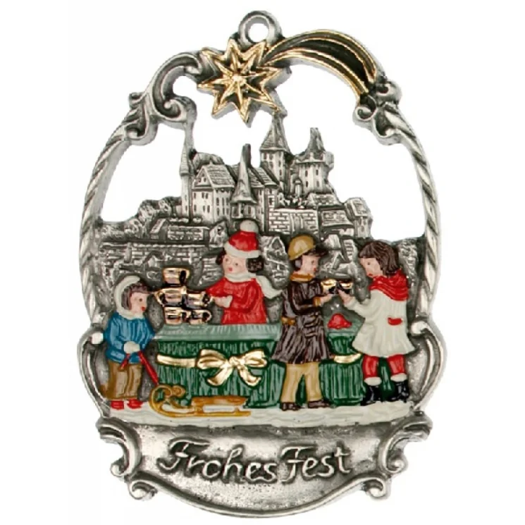 Frohes Fest, Painted on One Side Pewter Ornament by Kuehn Pewter