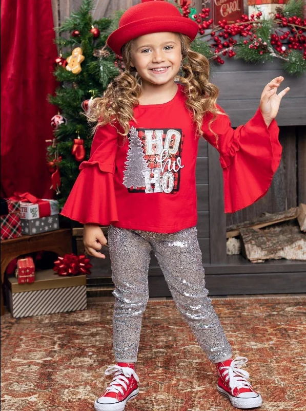 Ho Ho Ho Bell Sleeve Top and Sequin Legging Set