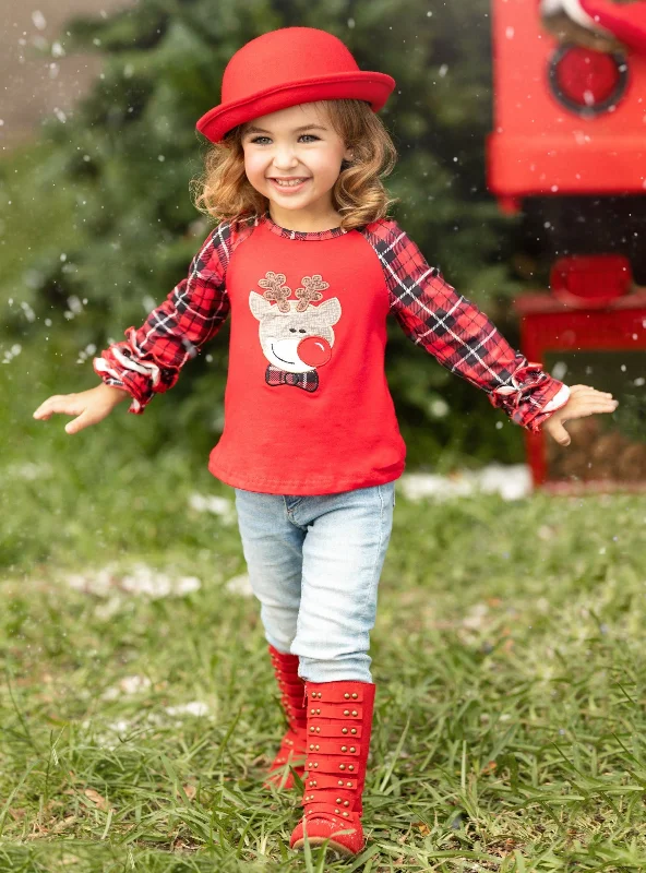 Oh, Deer Me Plaid Ruffle Raglan Top