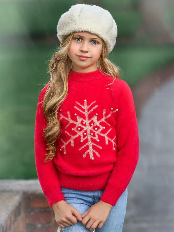 Snowflake and Pearls Fuzzy Holiday Sweater