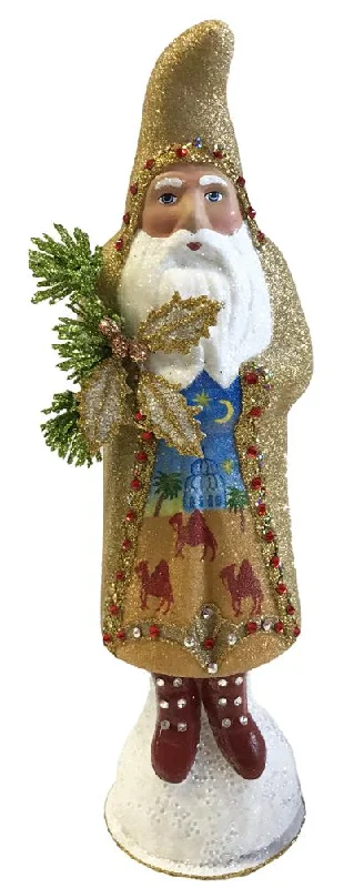 Gold Beaded Santa with Camel Decor, Paper Mache Candy Container by Ino Schaller