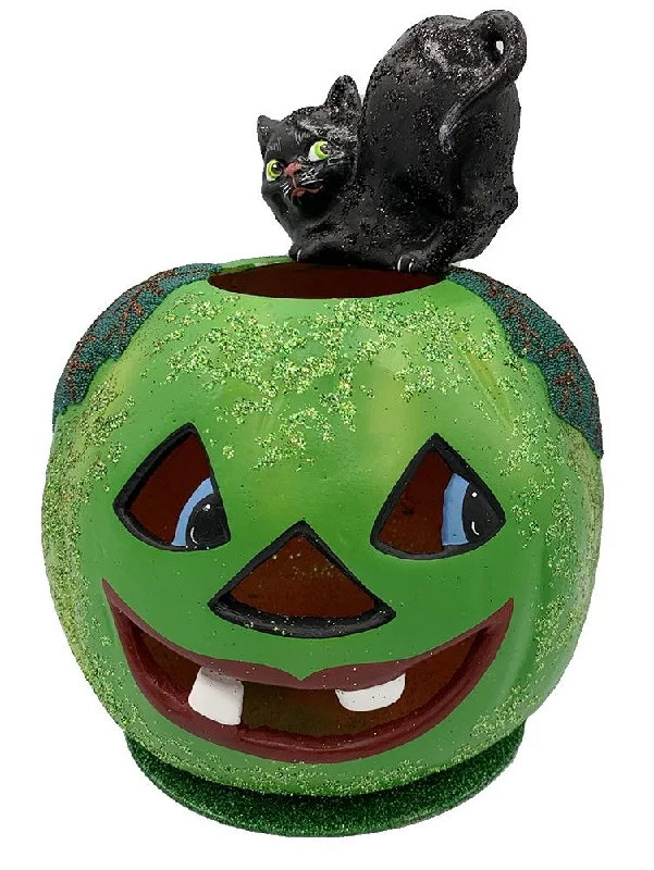 Green Pumpkin with Lying Cat Figurine by Ino Schaller