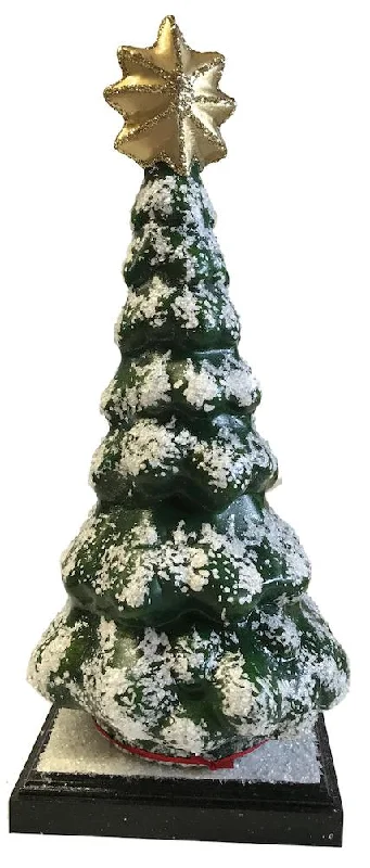 Green Tree with Snow on Wood Base Paper Mache Candy Container by Ino Schaller