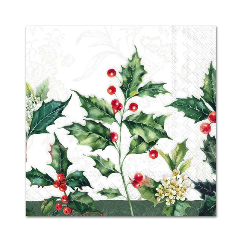 Holiday Holly Cream Paper Beverage Napkins