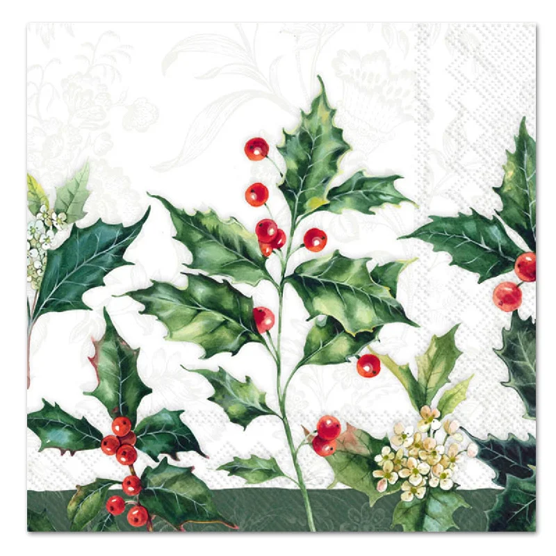 Holiday Holly Cream Paper Luncheon Napkins