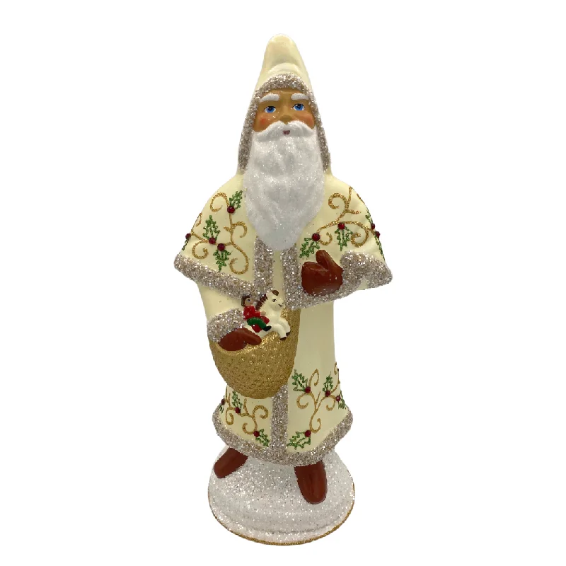 Santa in Cloak, Paper Mache Candy Container, cream with holly, by Ino Schaller