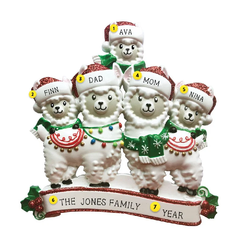 Personalized Llama Family of 5 Ornament