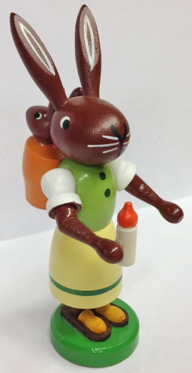 Mamma Rabbit with Baby in Basket Wooden Figurine by Thomas Preissler