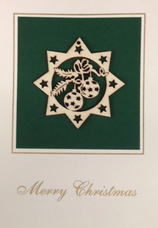 Merry Christmas Postcard with Wood Star and Kugel Ornament by  Wandera GmbH