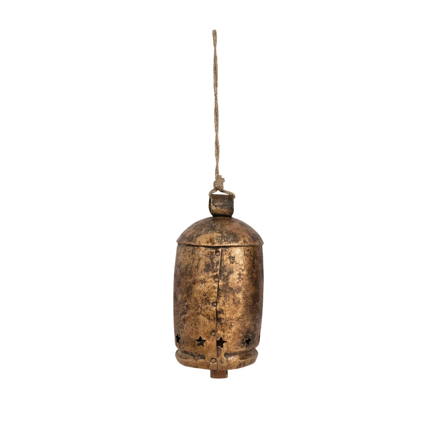 Large Metal Bell on Jute Rope with Star Cut-Outs