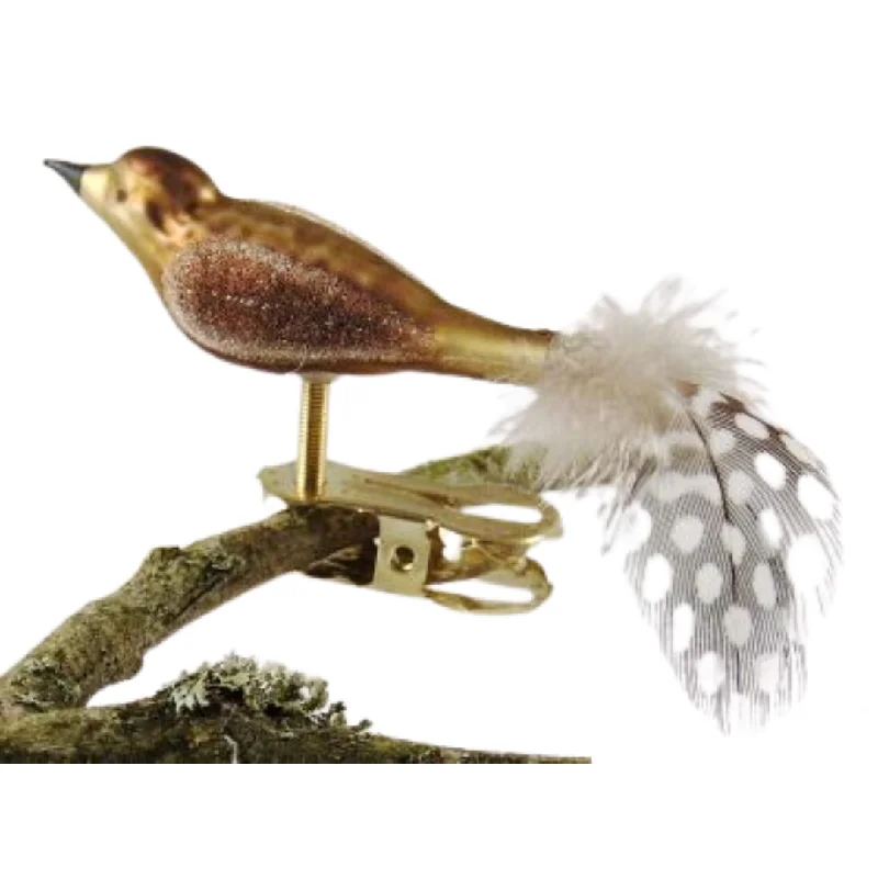 Mini Bird with guinea fowl feather, bronze by Glas Bartholmes