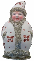 Mrs. Santa in White Coat with Red Snowflakes Paper Mache Candy Container by Ino Schaller