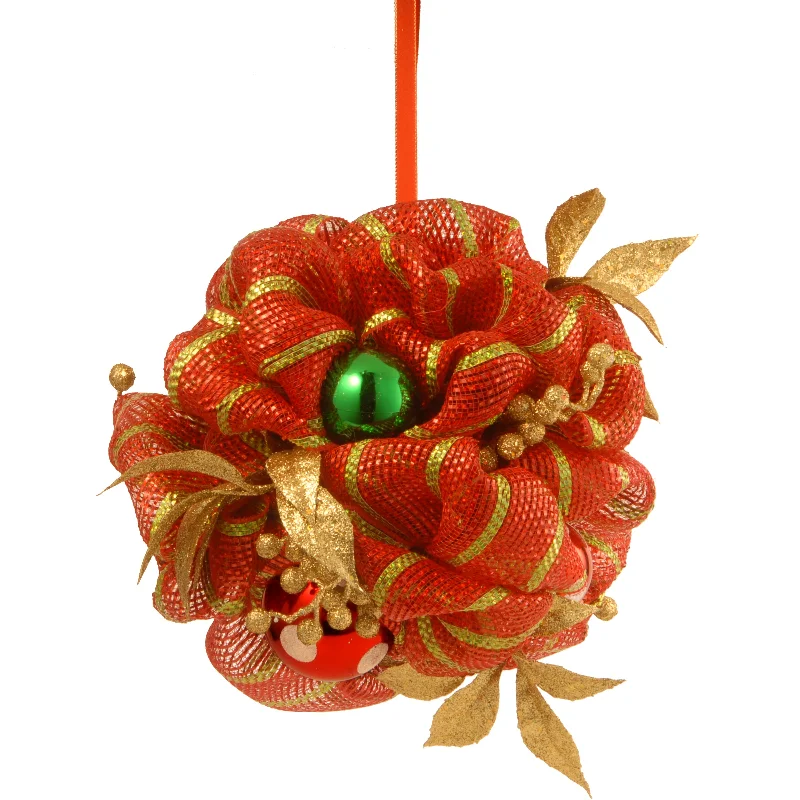 12 in. Pre-Lit Artificial Christmas Kissing Ball, Red, Ribbon, Decorated with Ball Ornaments, Leaves, Berry Clusters