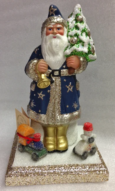 Navy Blue with Stars on Base Santa Paper Mache Candy Container by Ino Schaller