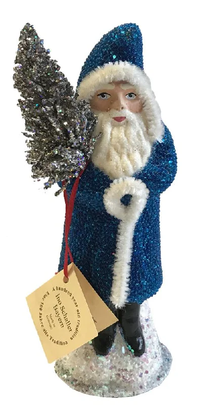 One of a Kind Deep Blue Beaded Santa, Paper Mache Candy Container by Ino Schaller