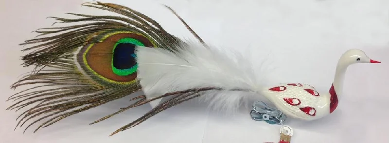 Peacock, White Shiny with Opalescence Eyes Ornament by Old German Christmas