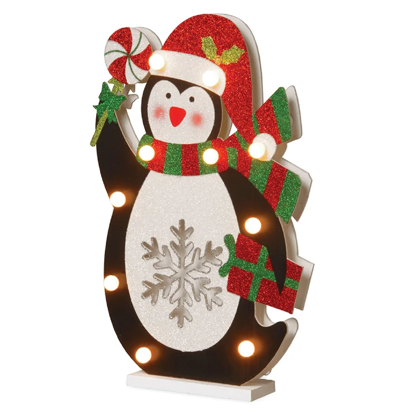 17 in. Pre-Lit Wooden Penguin