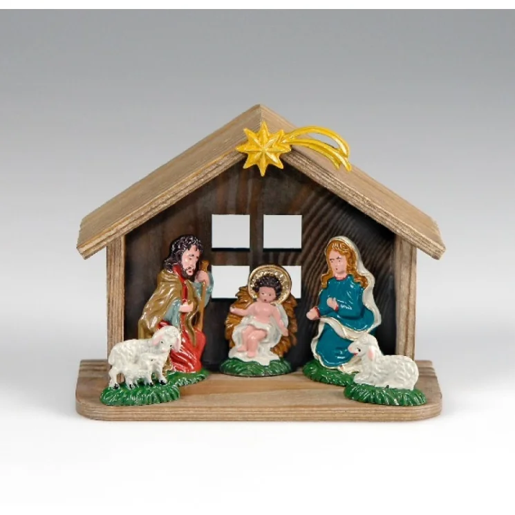 Pewter Nativity in Wood Creche by Kuehn Pewter