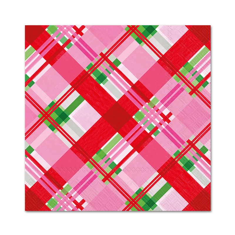 Pink Plaid Holiday Paper Beverage Napkins