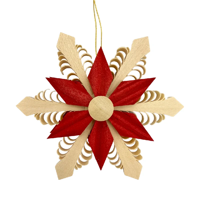 Curled Wood Snowflake, 9cm with red star center by Martina Rudolph