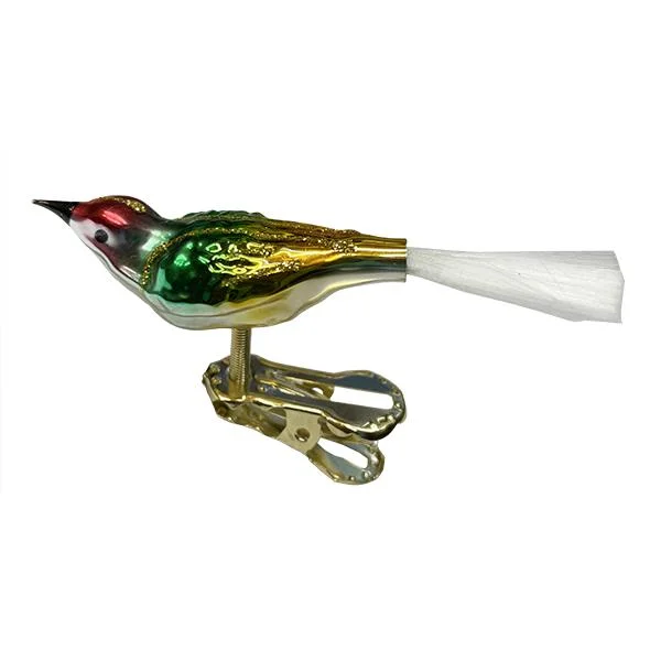 Mini Bird with spun glass tail, gold, green and red by Glas Bartholmes