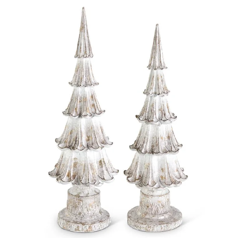 Set of 2 Glittered Whitewashed Resin Trees on Pedestal