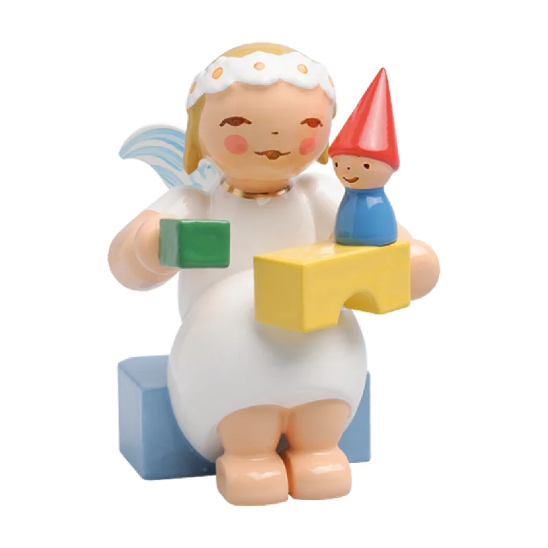 Marguerite Angel with Building Blocks, sitting Wooden Figurine by Wendt und Kuhn