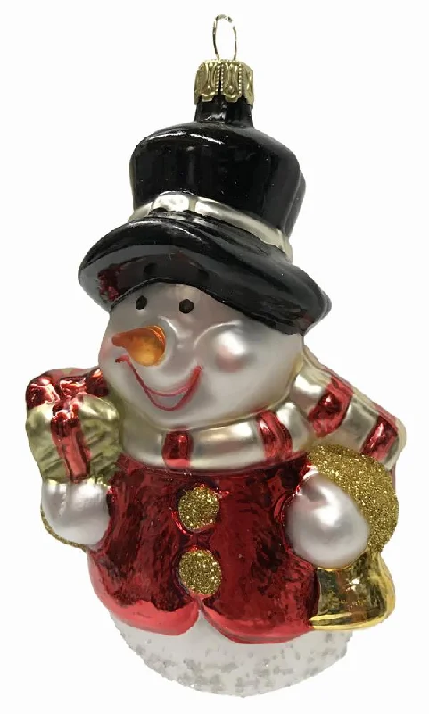 Snowman with Bell and Package Ornament by Glas Bartholmes