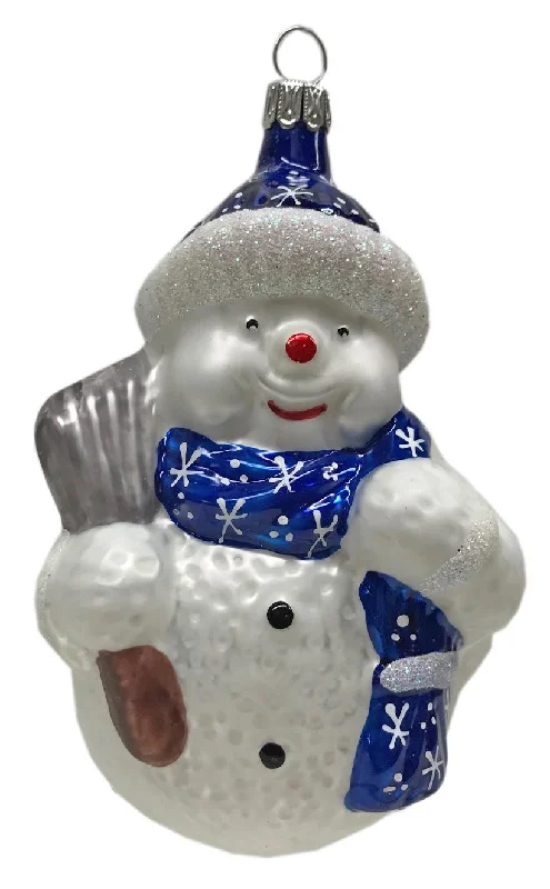 Snowman with Broom and Scarf, Blue Ornament by Old German Christmas