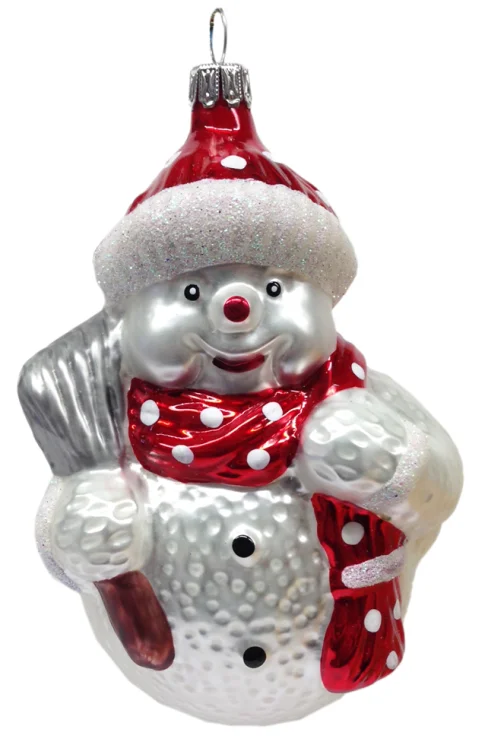 Snowman with Broom and Scarf, Red with White Points Ornament by Old German Christmas Glas