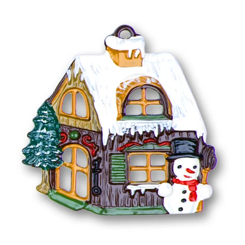 Snowman and Cabin Ornament by Kuehn Pewter