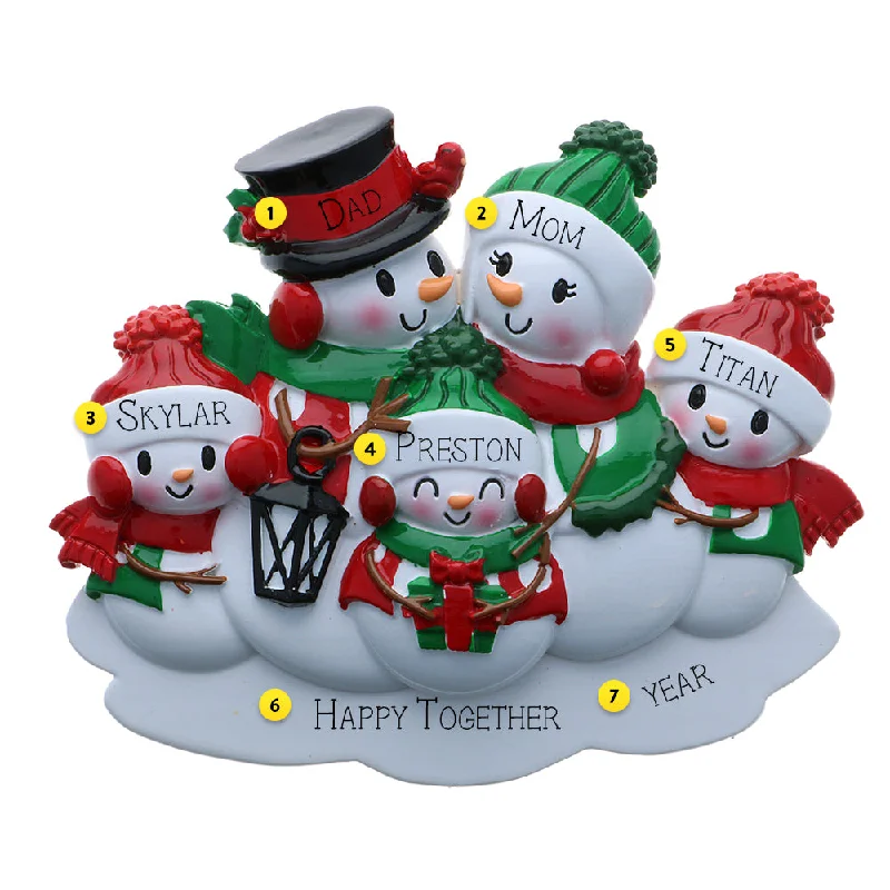 Personalized Snowman Family of 5 Ornament